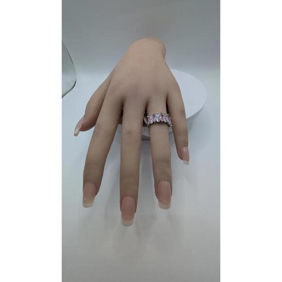 Silver Tone Ring with Pink Gemstones, Size 6 - Picture 4 of 8